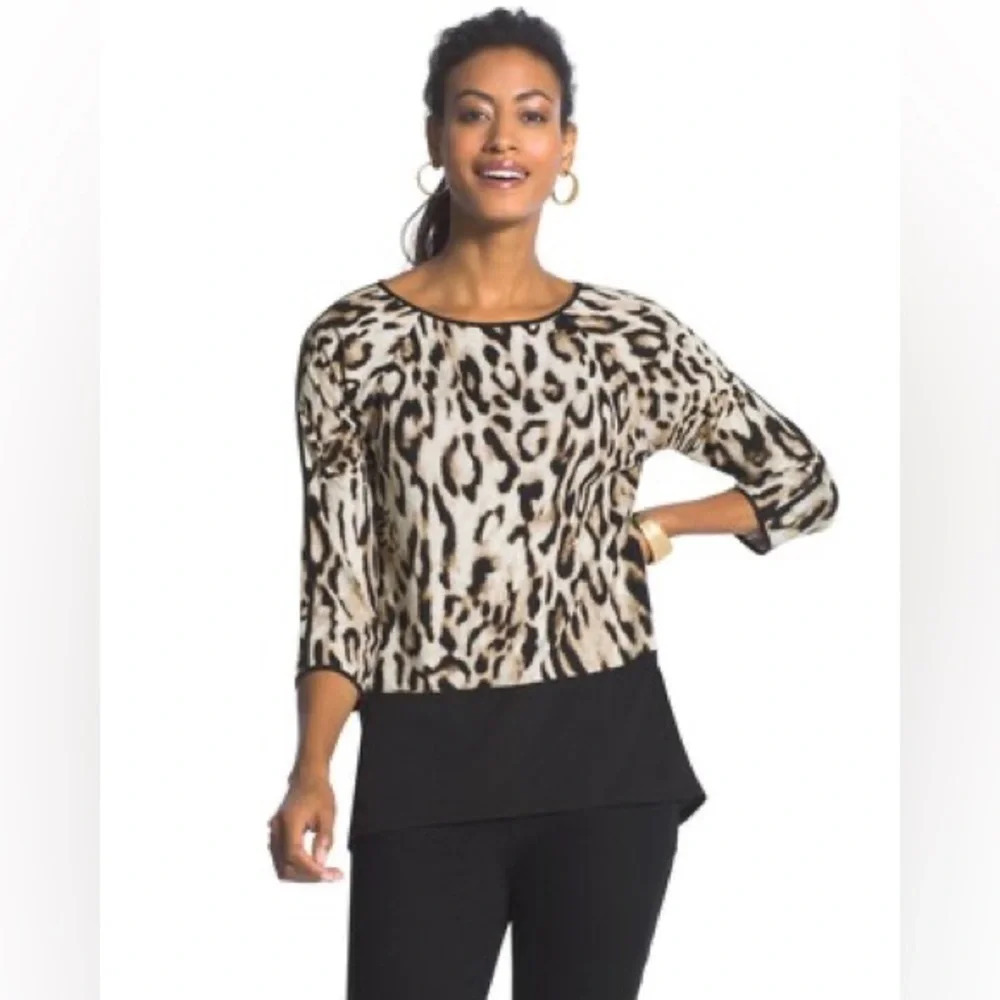 Chico’s Leopard Cheetah Animal Print Top 3/4 Sleeve Blouse sz 1 (US M /‎ 8)
